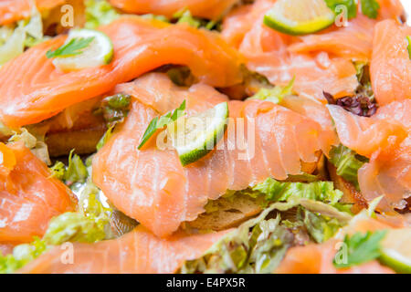 Image of salmon sandwiches with lime on a serving plate