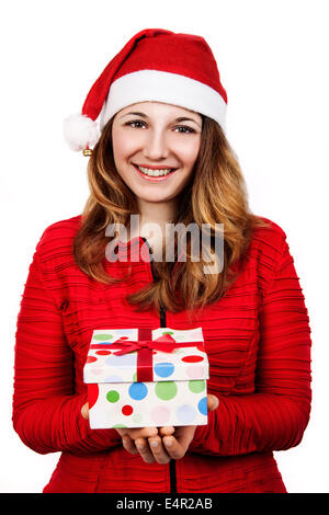 christmas,  happiness concept - smiling woman in santa helper hat with many gift boxes Stock Photo