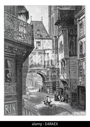 La Grosse Horloge, Rouen Illustration from 'The British isles - Cassell Petter & Galpin Part 8 Picturesque Europe. Picturesque Europe was an illustrated set of Magazines published by Cassell, Petter, Galpin & Co. of London, Paris and New York in 1877. The publications depicted tourist haunts in Europe, with text descriptions and steel and wood engravings by eminent artists of the time, such as Harry Fenn, William H J Boot, Thomas C. L. Rowbotham, Henry T. Green , Myles B. Foster, John Mogford , David H. McKewan, William L. Leitch, Edmund M. Wimperis and Joseph B. Smith. Stock Photo