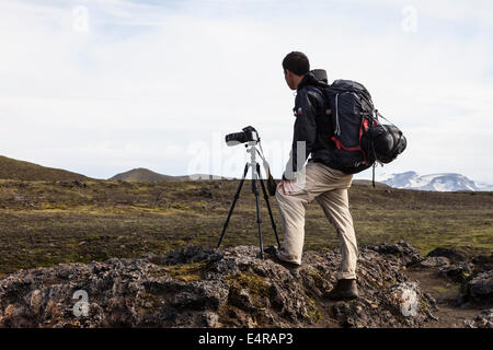 Photographer on the Laugavegur Hiking Trail in Iceland Stock Photo