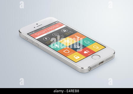 White modern smartphone with smarthome application on the screen lies on the gray surface. For access to all of the controls of Stock Photo