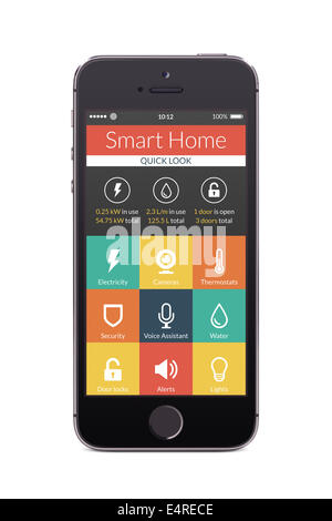 Directly front view of black smart phone with flat design smart home application on the screen isolated on white background. For Stock Photo