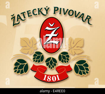 Zatec brewery, which recently sold its majority share to the multinational corporation Carlsberg, heads to the Russian and Canadian market. Currently, the Zatec beer is exported to 17 countries on four continents, brewery brews 11 kinds and brands of beers. Logo of the Zatec brewery is seen in Zatec, Czech Republic, July 16, 2014. (CTK Photo/Libor Zavoral) Stock Photo