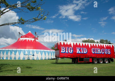 The Big Kid Circus big top and circus trailer on a sunny summer afternoon. Stock Photo