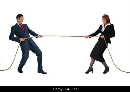 businessman and woman tug of war rivalry concept isolated on white Stock Photo