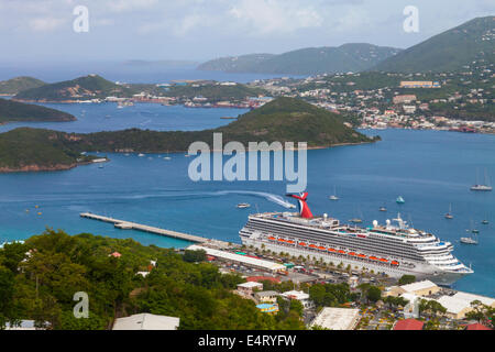 A cruise ship in port at Charlotte Amalie, St. Thomas, US Virgin Islands viewed from Paradise Point Stock Photo