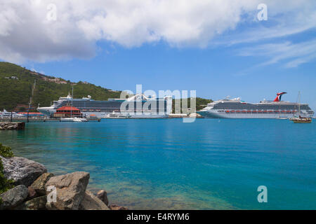 A cruise ship in port at Charlotte Amalie, St. Thomas, US Virgin Islands viewed from across the harbor Stock Photo