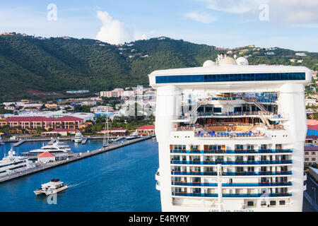 A cruise ship in port at Charlotte Amalie, St. Thomas, US Virgin Islands viewed from another cruise ship Stock Photo