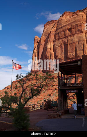 American flag and Goulding's Museum, Monument Valley, Navajo Nation, Utah/Arizona Border, USA Stock Photo