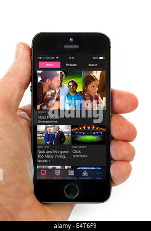 On demand television via the BBC iPlayer app on an Apple iPhone 5S Stock Photo