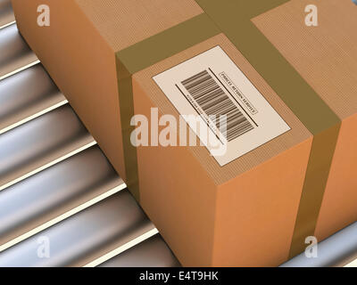 3D-Illustration of Parcel Return Service on Conveyor Belt Stock Photo