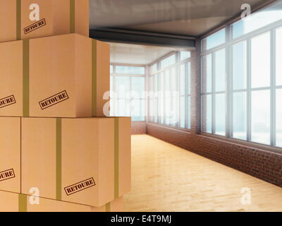 3D-Illustration of Pile of Cardboard Boxes to be Returned in Loft Stock Photo