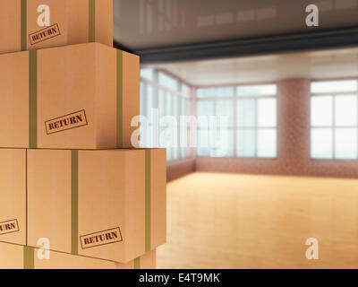 3D-Illustration of Pile of Cardboard Boxes to be Returned in Loft Stock Photo