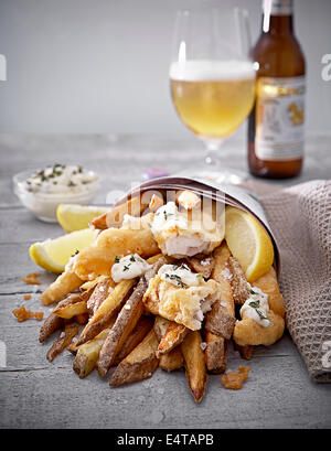 Beer Battered Fish and Chips with Glass of Beer, Studio Shot Stock Photo