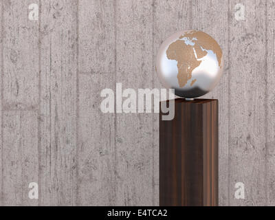 Illustration of metal globe on wooden stand, showing Africa, Europe and Asia, studio shot on grey, wooden background Stock Photo