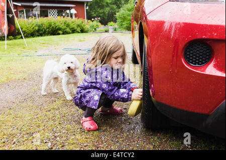 3 year old girl washing a red car while little white dog is watching, Sweden Stock Photo