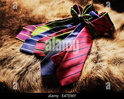 Colorful Striped Ties on Brown Fur, Studio Shot Stock Photo