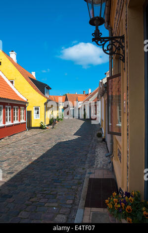 Typical painted houses and Cobblestone Street, Aeroskobing Village, Aero Island, Jutland Peninsula, Region Syddanmark, Denmark Stock Photo