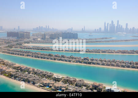 Aerial View of Palm Jumeirah with Skyscrapers in the background, Palm Islands, Dubai, United Arab Emirates Stock Photo