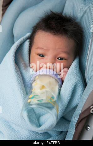 Close-up of swaddled two week old, newborn Asian baby girl, lying in car seat drinking from baby bottle Stock Photo