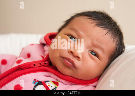 Close-up portrait of two week old Asian baby girl in pink polka dot jacket, studio shot Stock Photo