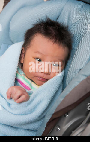 Close-up portrait of swaddled two week old, newborn Asian baby girl, lying in car seat Stock Photo