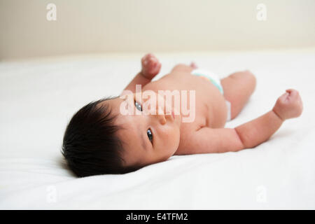 Newborn Asian baby in diaper, looking up at camera, studio shot on white background Stock Photo