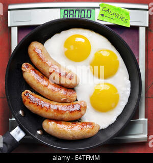 Overhead View of Greasy Fried Eggs and Sausage in Frying Pan with Scale Stock Photo