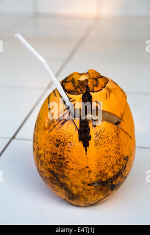 Bali, Indonesia.  Fresh Coconut Water Served to a Guest in a Balinese Village. Stock Photo