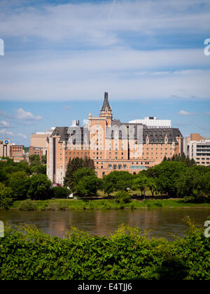 A view of the historic Delta Bessborough Hotel from across the South Saskatchewan River in Saskatoon, Saskatchewan, Canada. Stock Photo