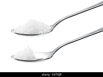 less sugar versus more on teaspoons, healthy eating concept Stock Photo