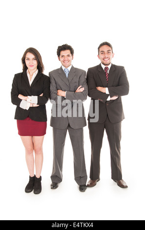 two businessmen and a businesswoman in suits posing Stock Photo