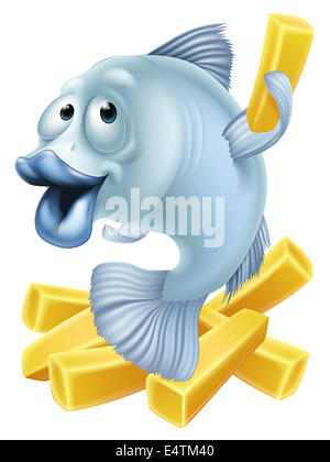 Cartoon fish and chips illustration of a fish character and chunky chips or French fries Stock Photo