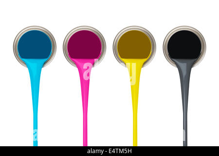 pouring paints of CMYK colors from its buckets Stock Photo