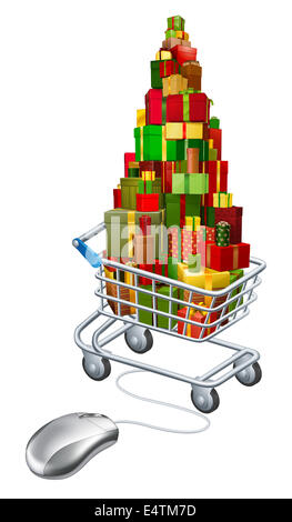 Online Christmas gift shopping, a computer mouse wired to a shopping cart full of presents Stock Photo