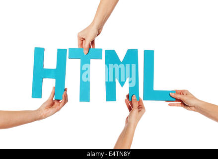 Female hands holding letters HTML Stock Photo