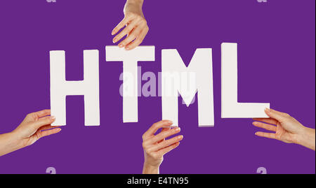 Female hands holding letters HTML Stock Photo