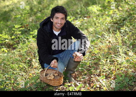 Young man picking wild mushrooms Stock Photo