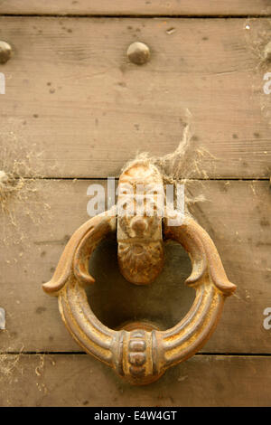 Old metal doorknocker on wooden door, Bergamo, Italy. Stock Photo