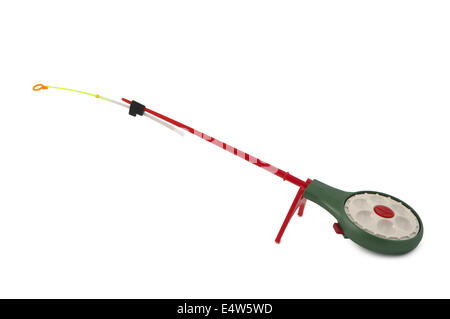 A modern spinning reel with a fishing line and a homemade spoon with a cord  tied to it, wound on a wooden reel. Stock Photo by ©Ostariyanov 235807722
