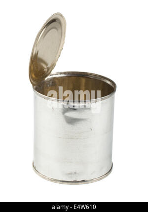 Opened tin can on white background Stock Photo