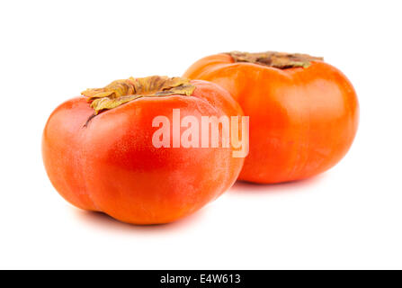 Two ripe persimmons on a white background