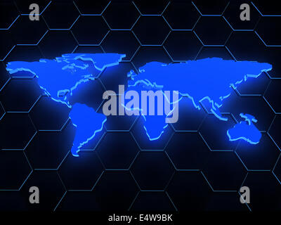 Blue global map with glowing continents and background hexagons Stock ...