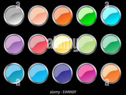 Push buttons with metal frame. Colored collection, top view. 3d ...