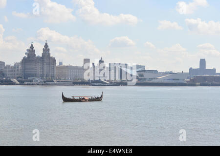 Liverpool, UK. 17th July, 2014. After a long trip the largest Viking ship built in modern times Draken Harald Hårfagre arrives at the River Mersey, Liverpool, 17th July, 2014 Credit:  Peter Carr/Alamy Live News Stock Photo