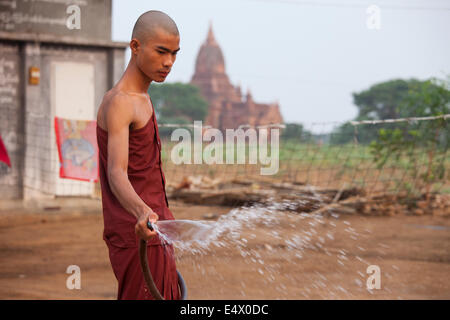 Monks use garden hose to wash down grounds of their monastery after sweeping the area for trash and debris. Stock Photo