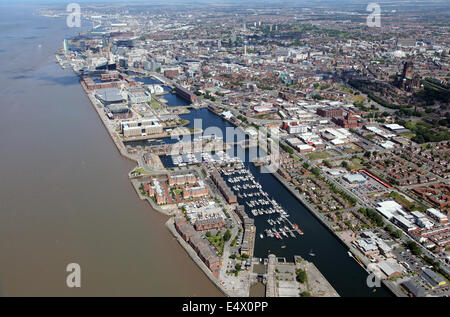 aerial view of Liverpool waterside area fronting on to the River Mersey, UK Stock Photo