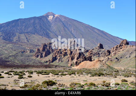 Mount Teide volcano in national park with lava flow and collapes caldera in foreground, Tenerife Stock Photo