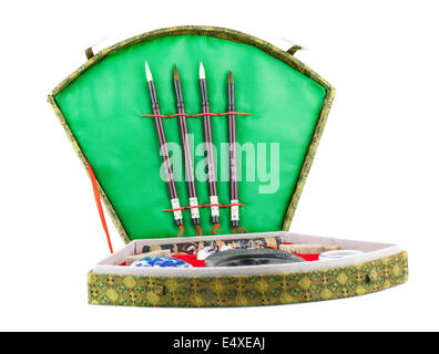 Chinese calligraphy set with brushes in box Stock Photo