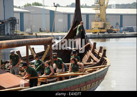 Liverpool, UK. 17th July, 2014. Worlds Largest reconstructed Viking Longship named Draken Harald Harfagre arrived on the River Mersey today from Norway. Credit:  GeoPic / Alamy Live News Stock Photo
